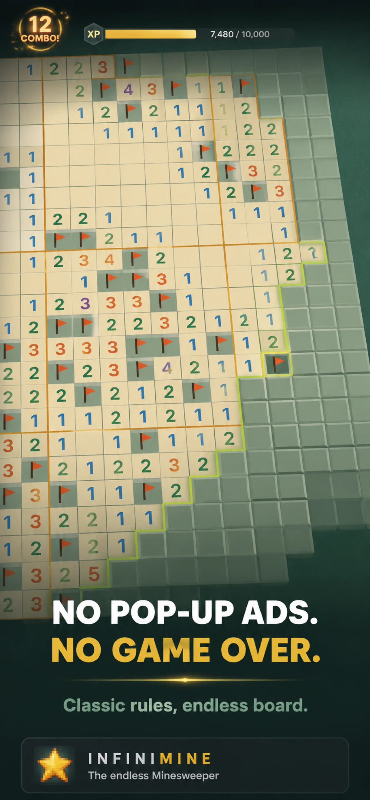 Screenshot 2 – Classic minesweeper gameplay, endless board, no pop-up ads, no game over
