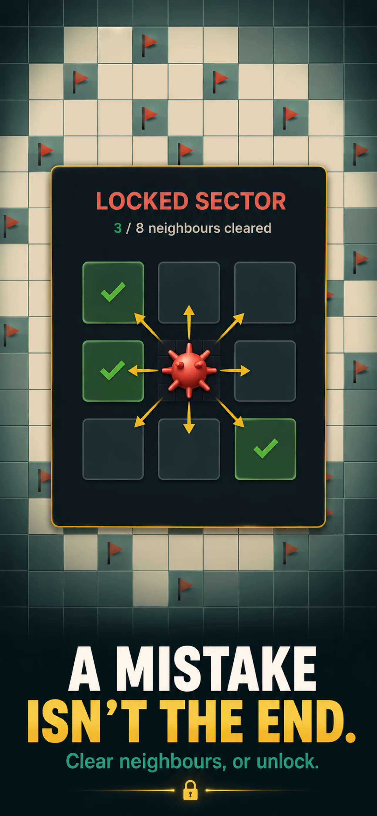 Screenshot 5 – Locked sector: clear neighbors or unlock to recover from a mine hit